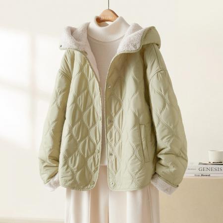 FA51718# 连帽毛绒绒拼接棉服外套女冬季新款加厚保暖百搭夹棉短上衣 服裝批發女裝批發服飾貨源