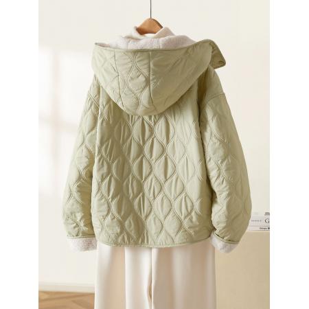 FA51718# 连帽毛绒绒拼接棉服外套女冬季新款加厚保暖百搭夹棉短上衣 服裝批發女裝批發服飾貨源