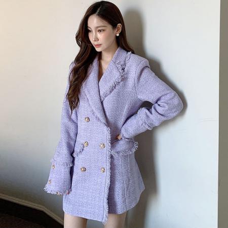 FA51719# 冬季新款小香风西装领双排扣中长款粗花呢外套 服裝批發女裝批發服飾貨源