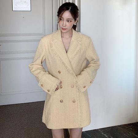 FA51719# 冬季新款小香风西装领双排扣中长款粗花呢外套 服裝批發女裝批發服飾貨源