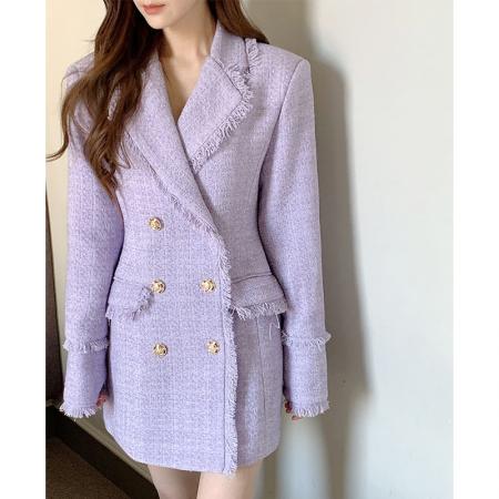 FA51719# 冬季新款小香风西装领双排扣中长款粗花呢外套 服裝批發女裝批發服飾貨源