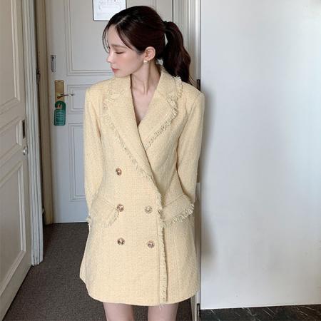 FA51719# 冬季新款小香风西装领双排扣中长款粗花呢外套 服裝批發女裝批發服飾貨源