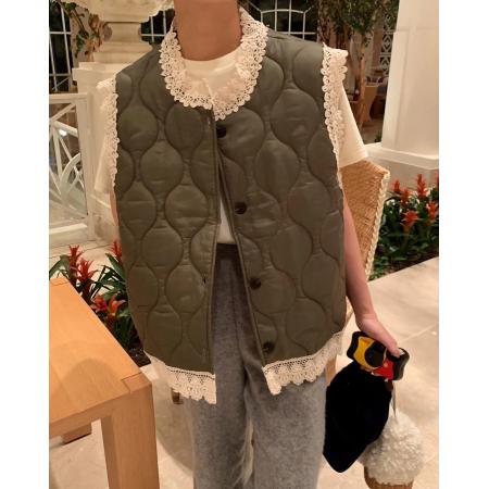 FA51721# 韩国东大门设计感拼接蕾丝棉衣马甲外套女 服裝批發女裝批發服飾貨源