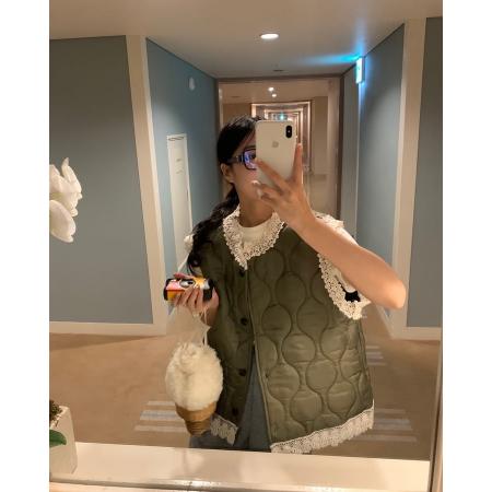 FA51721# 韩国东大门设计感拼接蕾丝棉衣马甲外套女 服裝批發女裝批發服飾貨源