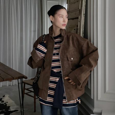 FA51722# 韩国chic秋季新款美式奥拉德仿鹿皮绒夹克短外套女 服裝批發女裝批發服飾貨源