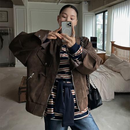 FA51722# 韩国chic秋季新款美式奥拉德仿鹿皮绒夹克短外套女 服裝批發女裝批發服飾貨源