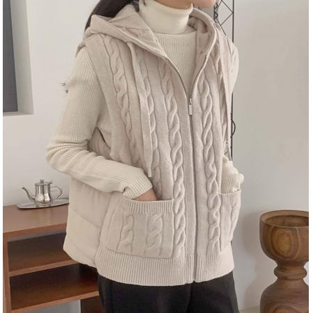 FA51723# 韩国chic秋冬小众设计感连帽拼接针织马甲棉服外套女 服裝批發女裝批發服飾貨源