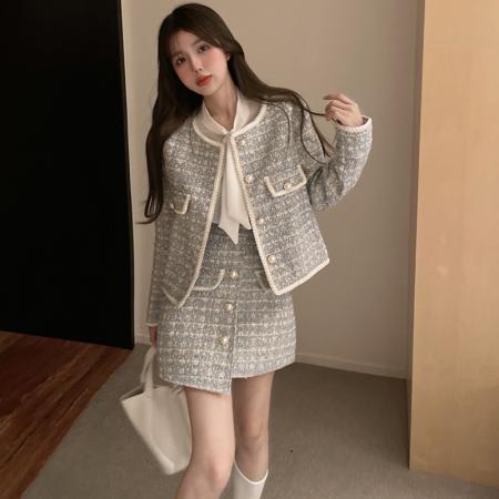 FA51727# 秋季新款复古粗花呢小香风西服开衫外套不规则短裙 服裝批發女裝批發服飾貨源