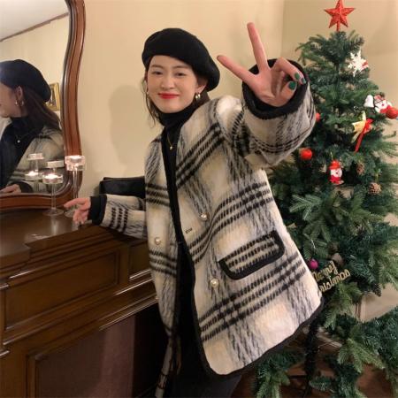 FA51731# 小香风夹棉加厚毛呢外套女冬季大码胖妹妹气质显瘦千鸟格呢子大衣 服裝批發女裝批發服飾貨源