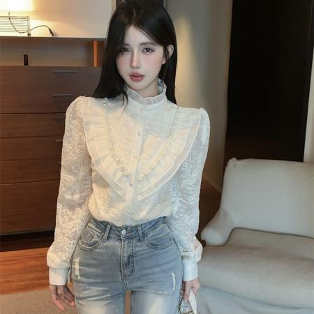 FA51732# 春秋气质荷叶领拼接钉珠荷叶边爱心泡泡袖甜美单排扣开衫衬衣 服裝批發女裝批發服飾貨源