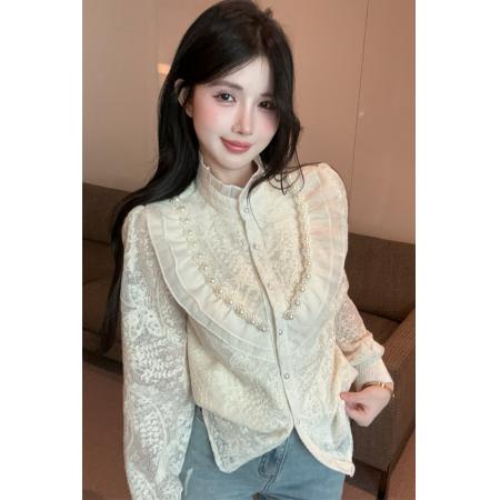 FA51732# 春秋气质荷叶领拼接钉珠荷叶边爱心泡泡袖甜美单排扣开衫衬衣 服裝批發女裝批發服飾貨源