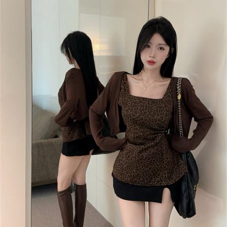 FA51733# 春秋纯欲风方领收腰不规则豹纹背心+长袖辣妹短款披肩两件套 服裝批發女裝批發服飾貨源
