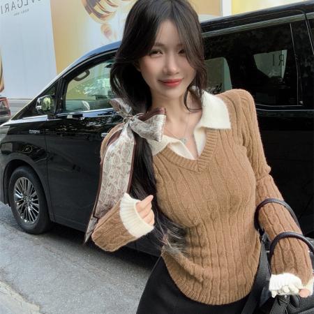 FA51735# 新款复古拼接假两件内搭加厚麻花针织毛衣女配丝巾 服裝批發女裝批發服飾貨源