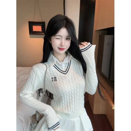 FA51736# 新款设计感刺绣V领麻花假两件长袖针织衫女 服裝批發女裝批發服飾貨源