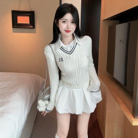 FA51736# 新款设计感刺绣V领麻花假两件长袖针织衫女 服裝批發女裝批發服飾貨源