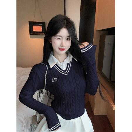 FA51736# 新款设计感刺绣V领麻花假两件长袖针织衫女 服裝批發女裝批發服飾貨源