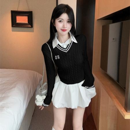 FA51736# 新款设计感刺绣V领麻花假两件长袖针织衫女 服裝批發女裝批發服飾貨源