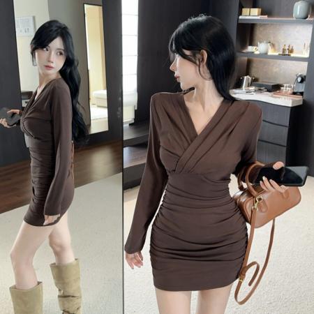 FA51737# 加厚加绒韩版纯欲风V领设计感修身性感包臀连衣裙 服裝批發女裝批發服飾貨源