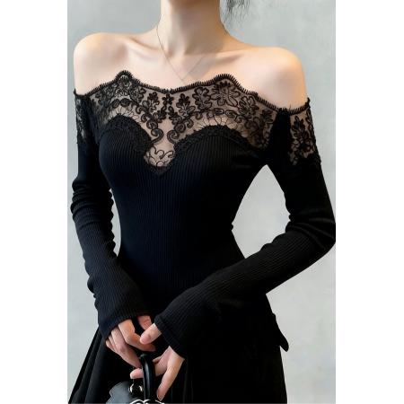 FA51742# 性感甜辣妹蕾丝拼接一字肩锁骨黑色打底衫女内搭露肩长袖上衣 服裝批發女裝批發服飾貨源