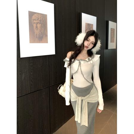 FA51745# 纯欲辣妹斜肩荷叶边拼接不规则修身显瘦长袖内搭打底衫 服裝批發女裝批發服飾貨源