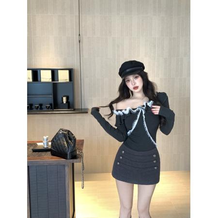 FA51745# 纯欲辣妹斜肩荷叶边拼接不规则修身显瘦长袖内搭打底衫 服裝批發女裝批發服飾貨源