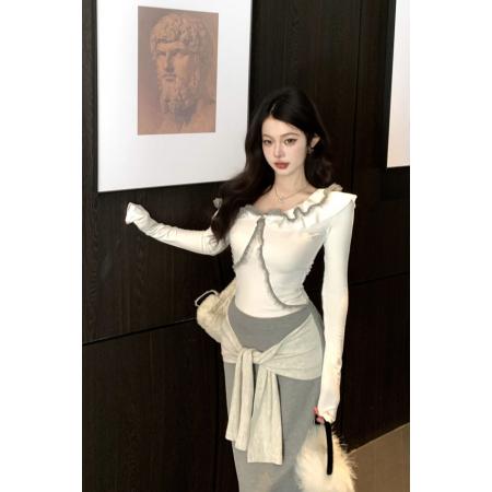 FA51745# 纯欲辣妹斜肩荷叶边拼接不规则修身显瘦长袖内搭打底衫 服裝批發女裝批發服飾貨源