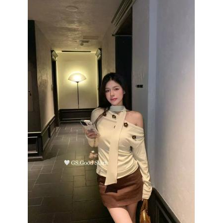 FA51746# 露肩长袖针织衫女秋季新款修身显瘦甜辣风气质韩系穿搭龙女 服裝批發女裝批發服飾貨源