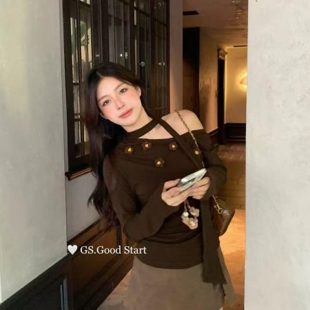 FA51746# 露肩长袖针织衫女秋季新款修身显瘦甜辣风气质韩系穿搭龙女 服裝批發女裝批發服飾貨源