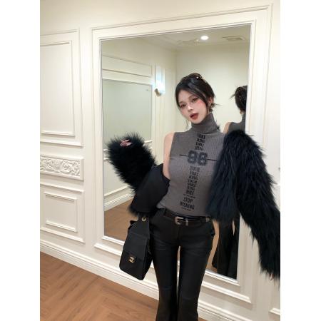 FA51747# 时髦辣妹高领印花无袖背心堆堆领内搭针织修身显瘦打底衫 服裝批發女裝批發服飾貨源