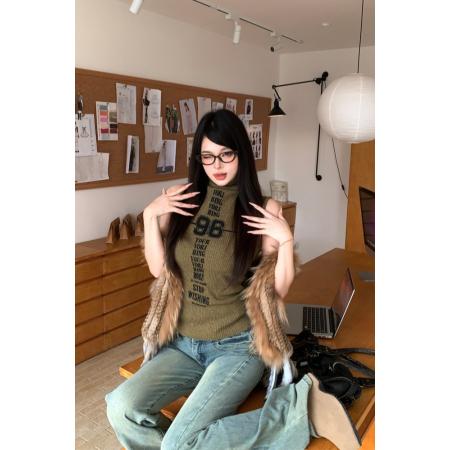 FA51747# 时髦辣妹高领印花无袖背心堆堆领内搭针织修身显瘦打底衫 服裝批發女裝批發服飾貨源