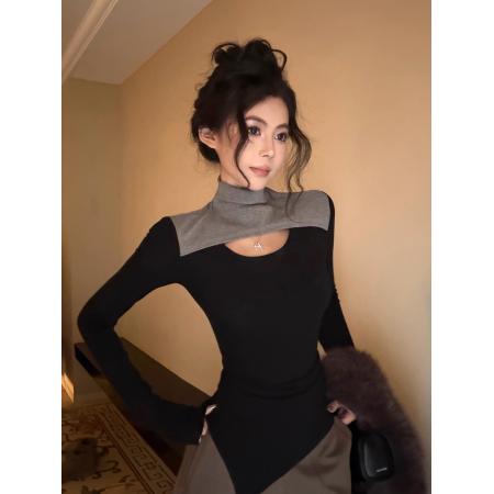 FA51748# 时髦假两件高领镂空拼接长袖不规则修身显瘦内搭打底衫 服裝批發女裝批發服飾貨源