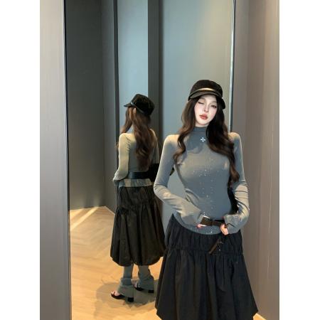 FA51749# 辣妹亮闪闪半高领长袖修身显瘦磨毛收腰内搭打底衫上衣 服裝批發女裝批發服飾貨源