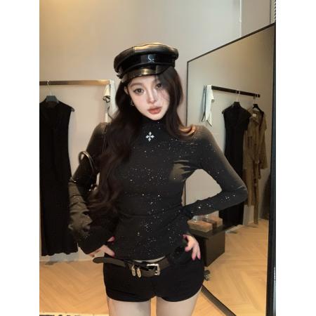 FA51749# 辣妹亮闪闪半高领长袖修身显瘦磨毛收腰内搭打底衫上衣 服裝批發女裝批發服飾貨源