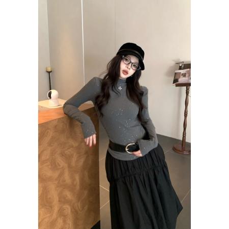 FA51749# 辣妹亮闪闪半高领长袖修身显瘦磨毛收腰内搭打底衫上衣 服裝批發女裝批發服飾貨源