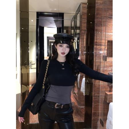 FA51751# 美式辣妹拼接撞色印花长袖修身显瘦加绒百搭打底衫上衣 服裝批發女裝批發服飾貨源