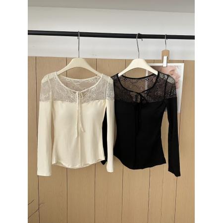 FA51753# 纯欲性感蕾丝拼接长袖T恤韩系温柔风套头修身显瘦单穿纯色上衣女 服裝批發女裝批發服飾貨源