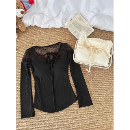 FA51753# 纯欲性感蕾丝拼接长袖T恤韩系温柔风套头修身显瘦单穿纯色上衣女 服裝批發女裝批發服飾貨源