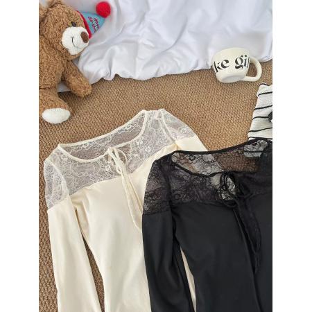 FA51753# 纯欲性感蕾丝拼接长袖T恤韩系温柔风套头修身显瘦单穿纯色上衣女 服裝批發女裝批發服飾貨源