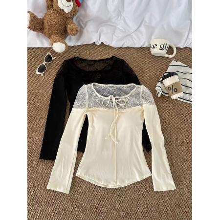 FA51753# 纯欲性感蕾丝拼接长袖T恤韩系温柔风套头修身显瘦单穿纯色上衣女 服裝批發女裝批發服飾貨源