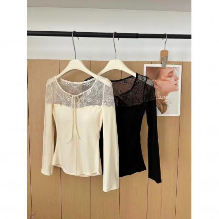 FA51753# 纯欲性感蕾丝拼接长袖T恤韩系温柔风套头修身显瘦单穿纯色上衣女 服裝批發女裝批發服飾貨源