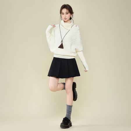 FA51754# 韩系翻领斗篷毛衣女秋冬新款宽松显瘦设计感针织上衣 服裝批發女裝批發服飾貨源