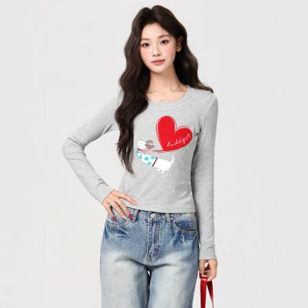 FA51755# 复古爱心小狗印花长袖t恤女秋冬季设计修身内搭显瘦上衣 服裝批發女裝批發服飾貨源