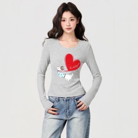 FA51755# 复古爱心小狗印花长袖t恤女秋冬季设计修身内搭显瘦上衣 服裝批發女裝批發服飾貨源