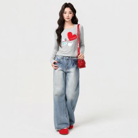 FA51755# 复古爱心小狗印花长袖t恤女秋冬季设计修身内搭显瘦上衣 服裝批發女裝批發服飾貨源