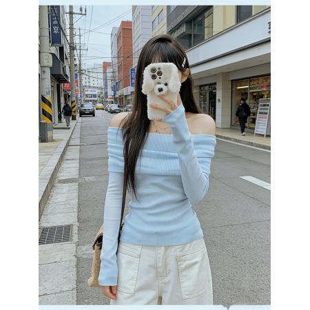 FA51756# 蓝色一字肩上衣女针织衫毛衣设计感小众露肩锁骨秋 服裝批發女裝批發服飾貨源