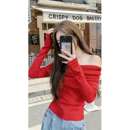 FA51756# 蓝色一字肩上衣女针织衫毛衣设计感小众露肩锁骨秋 服裝批發女裝批發服飾貨源