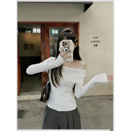 FA51756# 蓝色一字肩上衣女针织衫毛衣设计感小众露肩锁骨秋 服裝批發女裝批發服飾貨源