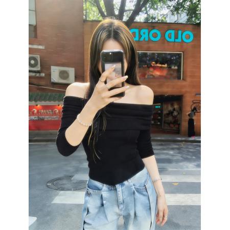 FA51756# 蓝色一字肩上衣女针织衫毛衣设计感小众露肩锁骨秋 服裝批發女裝批發服飾貨源