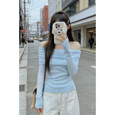 FA51756# 蓝色一字肩上衣女针织衫毛衣设计感小众露肩锁骨秋 服裝批發女裝批發服飾貨源