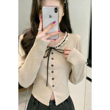 FA51757# 甜美少女风蕾丝花边拼接长袖t恤女秋冬修身打底衫女 服裝批發女裝批發服飾貨源